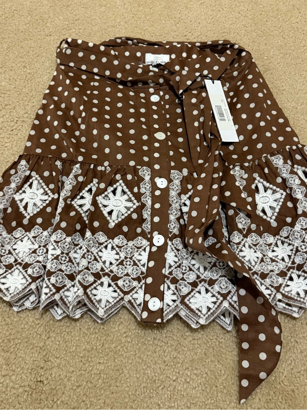 Miguelina Brown Polka Dot Tiered Skirt with White Embroidery